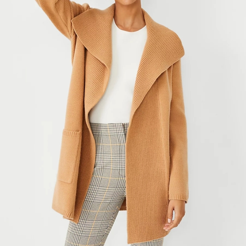 Ann Taylor Seed Stitch Coatigan Long Open Cardigan Sweater Jacket Tan Brown